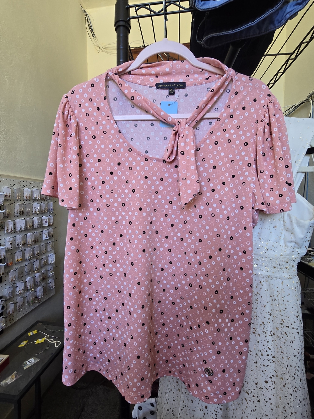 Adrienne Vittadini Dusty Pink Floral Dot Tie-Neck Top